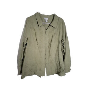 Soft Surroundings Green Embroidered Button Front Collared Top 2X